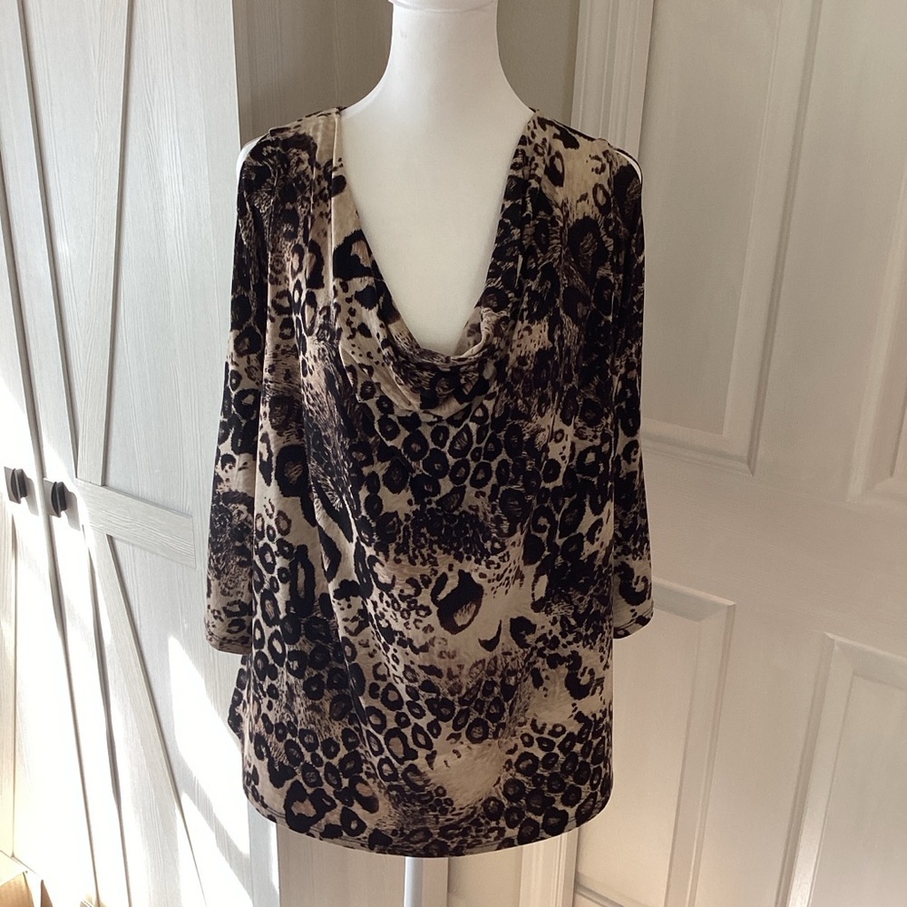 Claudia Richard Brown Leopard Cowl Neck Blouse Sz 2X